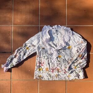 Small Light Pink Multicolored Floral Anthropologie Long Sleeve Ruffle Blouse